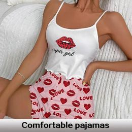 Home Clothing Women's Two-Piece Printed Pajama Set Round Neck Suspender Top And Elastic Waist Shorts Casual