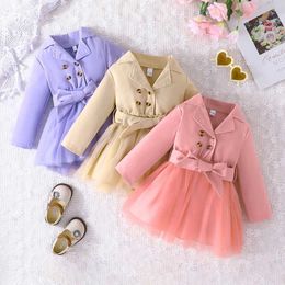 Girl's Dresses Dress For Kids 9 Months - 5 Years old Long Sleeve Solid Colour Cute Tulle Button Princess Formal Dresses with Belt For Baby GirlL2405