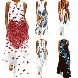 Casual Dresses 2024 Summer Women's Fashion Sexy Digital Print V-Neck Sleeveless Long Dress With Insert Pockets European And American