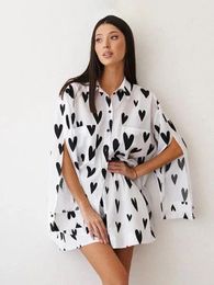 Home Clothing Martahqiqi Printing Women Nightgowns Set Turn-Down Collar Pajamas Split Long Sleeve Sleepwear Shorts Casual Femme Nightwear