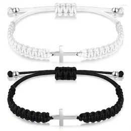Charm Bracelets 2 Pcs Stainless Steel Cross Braided Rope Couple Black White Adjustable Woven Bracelet Gifts