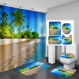 Shower Curtains Ocean Beach Palm Tree Landscape Sea Animal Dolphin Shell Bathroom Decor Non-Slip Rug Toilet Lid Cover Bath Mat