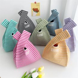 Storage Bags Handmade Knit Handbag Women Mini Knot Wrist Bag Female Casual Colour Wide Stripe Plaid Tote Student Reusable Shopping