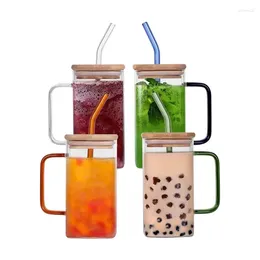 Wine Glasses 1pc Glass With Lid And Straw 17oz Iced Coffee Cup Handle Square Drinking Bamboo Suitable For /