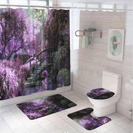 Shower Curtains 4Pcs Purple Garden Scenery Bathroom Curtain Sets Tree Wooden Bridge Fabric Screen Anti-slip Rug Bath Mat Toilet Lid Cover