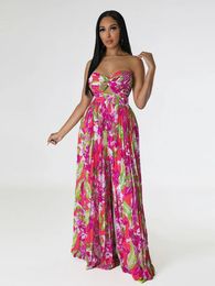 Floral Printed Sleeveless Off Shoulder Jumpsuit Summer Backless Fashion Contrasting Colours Womens High Waisted Casual Leg Pants 240423