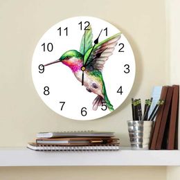 Wall Clocks Watercolour Hummingbird Green Decorative Round Wall Clock Arabic Numerals Design Non Ticking Bedrooms Bathroom Large Wall Clock