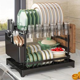 Kitchen Storage 1pc Dish Rack Double Layers Space-saving Drying With Drainboard And Utensil Holders Multifunctional Large Capacity D