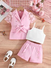 Clothing Sets Baby Clothes Set 3-8 Years old Tulle Butterfly Sleeve Vest Coat and Shorts Outfit Clothing Formal Suit For Kids GirlL2405