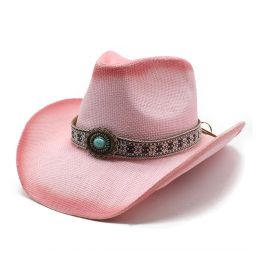 Vintage Retro Irregular Turquoise Beads Leather Belt Hollowed Out Women Men Straw Wide Brim Beach Cowboy Cowgirl Western Sun Hat