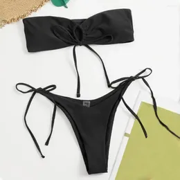 Women's Swimwear Sexy Bikini Set Women Stylish With Bandeau Top High Waist Briefs Lace-up Detail For Beach