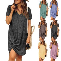 Solid Leisure Fashion Dress Knot V-Neck Short Sleeves Tie Colour Women'S Dress Cotton Linen Loose Mini Sundresses For Women