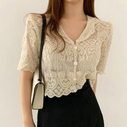 Women's Knits Sheer Embroidery Lace Blouse Cover Up Top Short Sleeve Button Front Cardigan Women Summer Boho Vacation Outfit