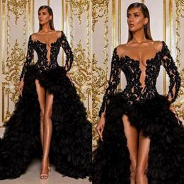 Vintage Black Arabic Aso Ebi Prom Dresses Long Sleeve Lace Beaded High Low Celebrity Evening Gowns Sexy Thigh Split Tiered Ruffles Skir 248t