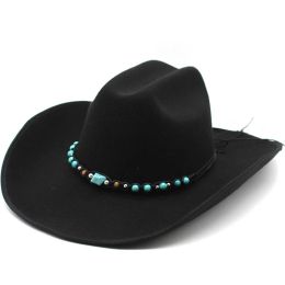 9.5CM Big Brim Western Cowboy Hat Curled Belt Accessories Felt Hats National Style Wear Performance Jazz Hat Tide
