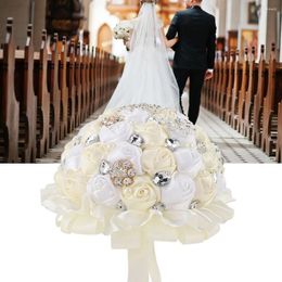Decorative Flowers Bridal Wedding Bouquet Crystal Hand Holding Artificial Fake Flower Ivory White Decoration