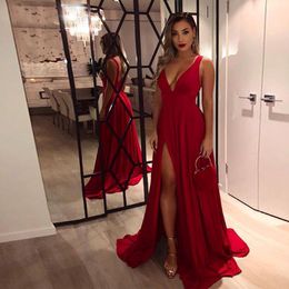 New Sexy abiye gece elbisesi Evening Gowns for Women V-Neck High Side Slit A-Line Sleeveless Simple Long Red Prom Dress 3065