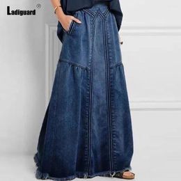 Skirts Women Stand Pockets Denim Clothing 2024 Sexy Fashion Short Jeans Long Maxi Dress Mid Waist A-line Skirt Ladies Streetwear