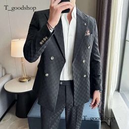 JacketPants 2 조각 블루 살구 비즈니스 파티 남자 정장 더블 가슴 형식 스타일 맞춤형 웨딩 신랑 턱시도 240125 710