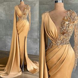 Gorgeous Gold Mermaid Evening Dresses for Women Pearls Beaded Sexy V Neck High Split Prom Party Gowns Ruched Satin With Long Wrap Forma 272f