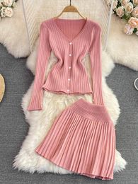 Work Dresses Korean Fashion Spring Autumn Knitted Suit Women V-neck Single Breasted Cardigan High Waist Skirts Female Sweater 2 Piece Set