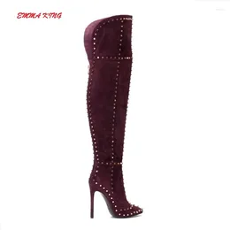 Boots Sexy Women Thigh High Over The Knee Stretchy Suede Leather Woman Shoes Long Back Zipper Rivet Stiletto Heels