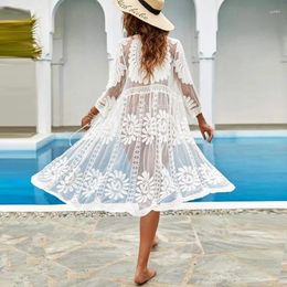 Floral Embroidery Lace Summer Casual Bikini Vestidos Sexy See Through Long Cardigan Boho Beach Cover-up For Women Dresses Robe