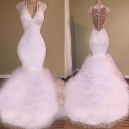 New White Mermaid Prom Dresses V Neck Lace Appliques Beaded Crystal Backless Sweep Train Tulle Puffy Tiered Prom Evening Gowns Vestidos 308Q