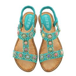 Summer new Bohemian women's sandals round head color diamond flat beach Green gemstone bright diamond shoes sandals 36-40