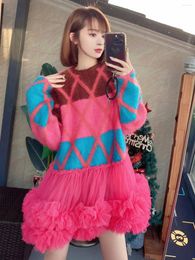 Casual Dresses Heavy Industry Stitching Mesh Tulle Sweater Autumn Winter Loose Contrast Color Round Neck Long Sleeve Knitted Dress Women
