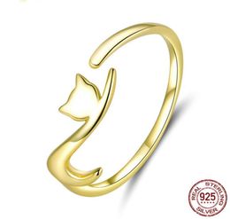 fashion adjustable size solid s925 sterling silver ring gold plated animal cat Jewellery Creative Christmas gifts for women girls an8608871