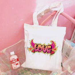 Shopping Bags Japanese Heart Print Y2K Canvas Bag Harajuku Love Letter Punk Ins Large Capacity Shopper Casual Ulzzang Women Shoulder