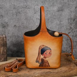 Shoulder Bags Vintage Cow Leather Drawstring For Women Handmade 3 Color Wiping Bucket Bag 2024 Female Designer Luxury Handbag