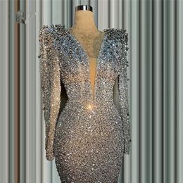 Glitter Silver Mermaid Formal Evening Dresses For Arabic Women Sexy Deep V Neck Long Sleeves Beaded Crystals Prom Occasion Gowns Vestid 224e