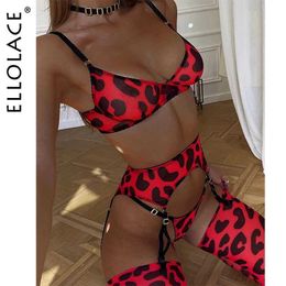 Sexy Set Ellolace Leopard Lingerie With Stocking Gloves Fancy Seamless Underwear 6-Piece Garter Belt Intim Goods Lace Exotic Sets Q240511