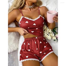 Home Clothing Women's Soft Crew Neck Heart Print Pyjamas Satin Casual Cami Top And Elastic Shorts Wear Sleeveless Backless Loungewear