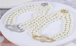 Retro threelayer pearl necklace full of diamond temperament allmatch clavicle chain women8645332