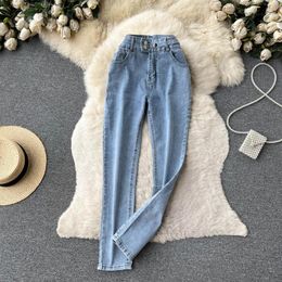 Women's Jeans Niche Design Double-breasted Women's Slim Fit And High Simple Style All-match Micro-elastic Straight-leg Pants