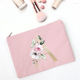 Storage Bags Pink Floral Letter Print Cosmetic Bag Bridal Party Travel Carry Women Purse Handbag Wedding Gift Pencil Pouch