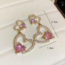 Dangle Earrings Pink Fuchsia Crystal Stone Heart Metal Drop For Women Gold Color Colorful Glass Cute Long Jewelry