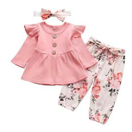 Clothing Sets Newborn baby clothing set cute pink long sleeved top floral pants headband 0-24M 3-piece baby girl clothing setL240513