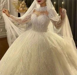 2024 Arabic Dubai Luxury Wedding Dress Glitter Beading Long Sleeves Sequined Ball Gown Bridal Formal Gowns Robe De Mariage Vestido de Noivas 009