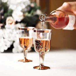 Disposable Cups Straws 6pc 190ml Pink Golden High Quality Plastic Wine Glass Cup Durable Party Wedding Festival