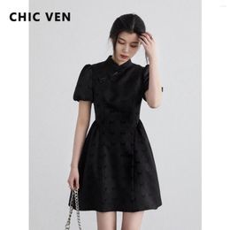 Casual Dresses CHIC VEN Women's Black Slim Fit Chinese Style Bubble Short Sleeve Cheongsam Mid Length Dress Spring Summer 2024