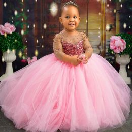 Pink Crystals Flower Girl Dresses Sheer Neck Long Sleeves Little Girl Wedding Dresses Cheap Communion Pageant Dresses Gowns F218 2129