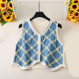 Women's T Shirts Women Vintage Hollowed Crochet Embroidery Flower Sleeveless Cardigans V-Neck Button Up Vests Crop Top Holiday Waistcoat