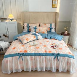 Bedding Sets Orange Flower Duvet Cover Set Korean Princess Style Lace Bow Bed Sheet Pillowcases 4PCS Oversize