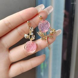 Stud Earrings 2024 Cherry Pink Crystal Rose For Women Asymmetric Design Long Style Temperament French Vintage Jewellery