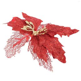 Decorative Flowers Red Glitter Poinsettia Christmas Tree Ornaments Artificial Flower Wedding Party Decoration (Red)