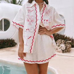 Home Clothing Women Two Piece Shorts Pajama Outfits Lobster Wine Glasses Print Short Sleeve Shirts Tops Elastic Waist 2 PCS Clothes Set